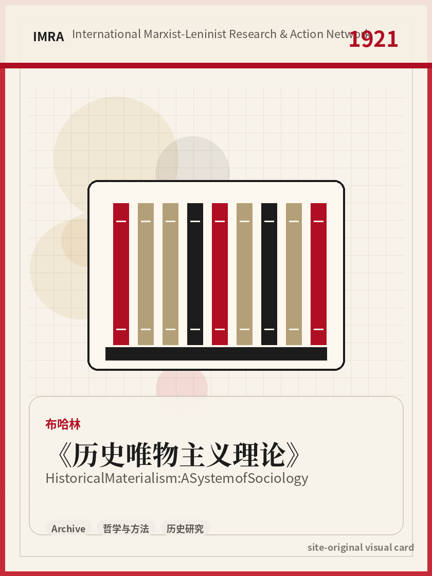 历史唯物主义理论 站内资料视觉卡，包含作者、年份和主题意象。 / Historical Materialism: A System of Sociology site-generated reference visual card with author, year, and thematic imagery.