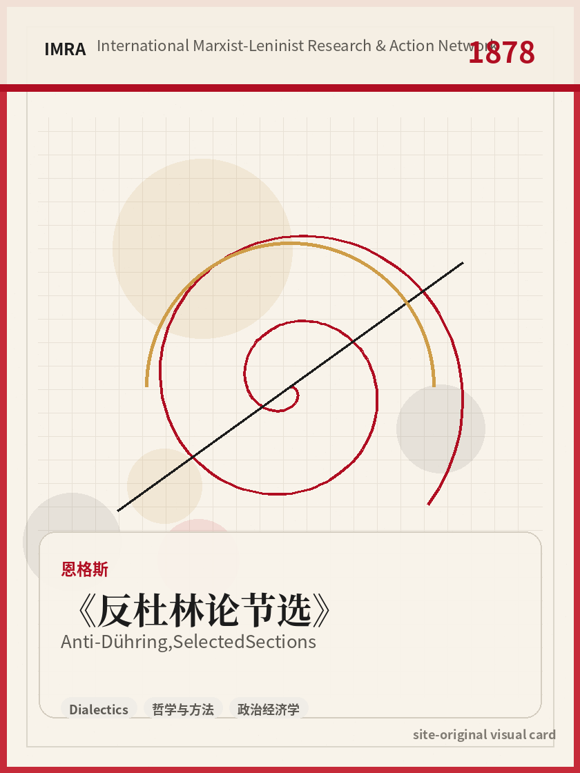 反杜林论节选 站内资料视觉卡，包含作者、年份和主题意象。 / Anti-Dühring, Selected Sections site-generated reference visual card with author, year, and thematic imagery.