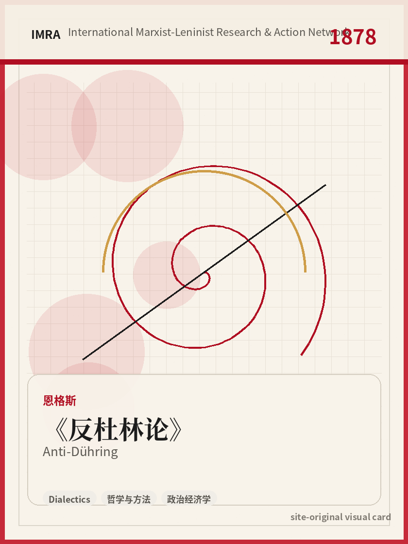 反杜林论 站内资料视觉卡，包含作者、年份和主题意象。 / Anti-Dühring site-generated reference visual card with author, year, and thematic imagery.