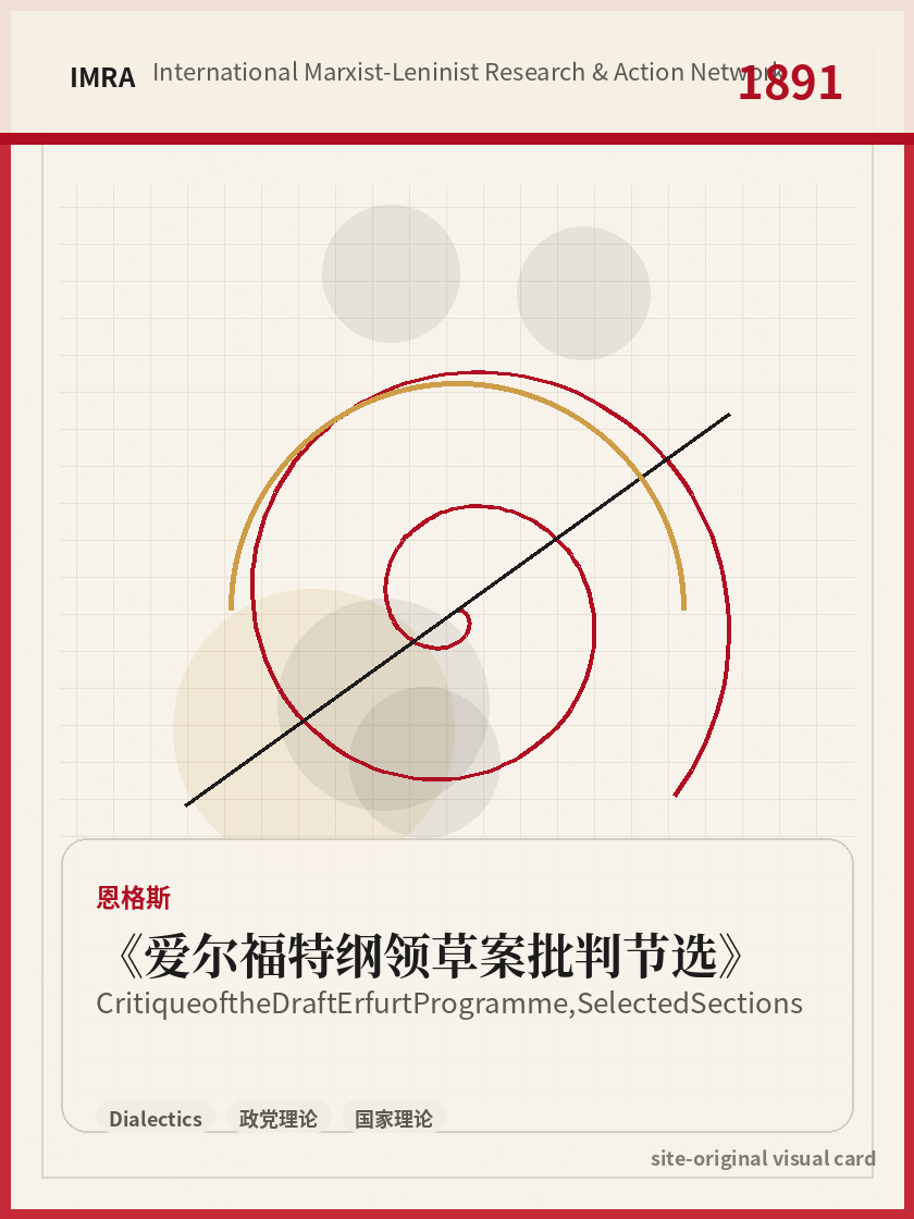 爱尔福特纲领草案批判节选 站内资料视觉卡，包含作者、年份和主题意象。 / Critique of the Draft Erfurt Programme, Selected Sections site-generated reference visual card with author, year, and thematic imagery.