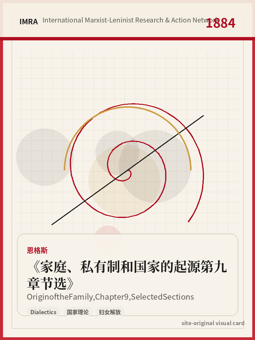 家庭、私有制和国家的起源第九章节选 站内资料视觉卡，包含作者、年份和主题意象。 / Origin of the Family, Chapter 9, Selected Sections site-generated reference visual card with author, year, and thematic imagery.