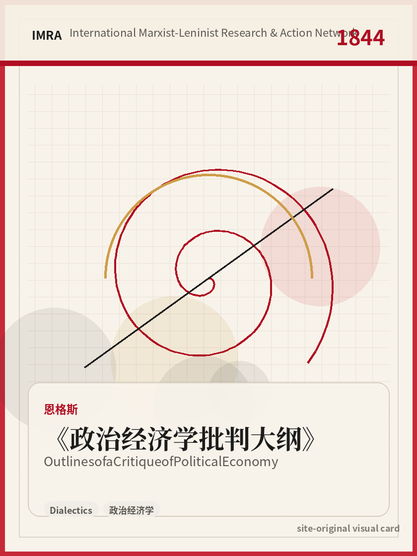政治经济学批判大纲 站内资料视觉卡，包含作者、年份和主题意象。 / Outlines of a Critique of Political Economy site-generated reference visual card with author, year, and thematic imagery.