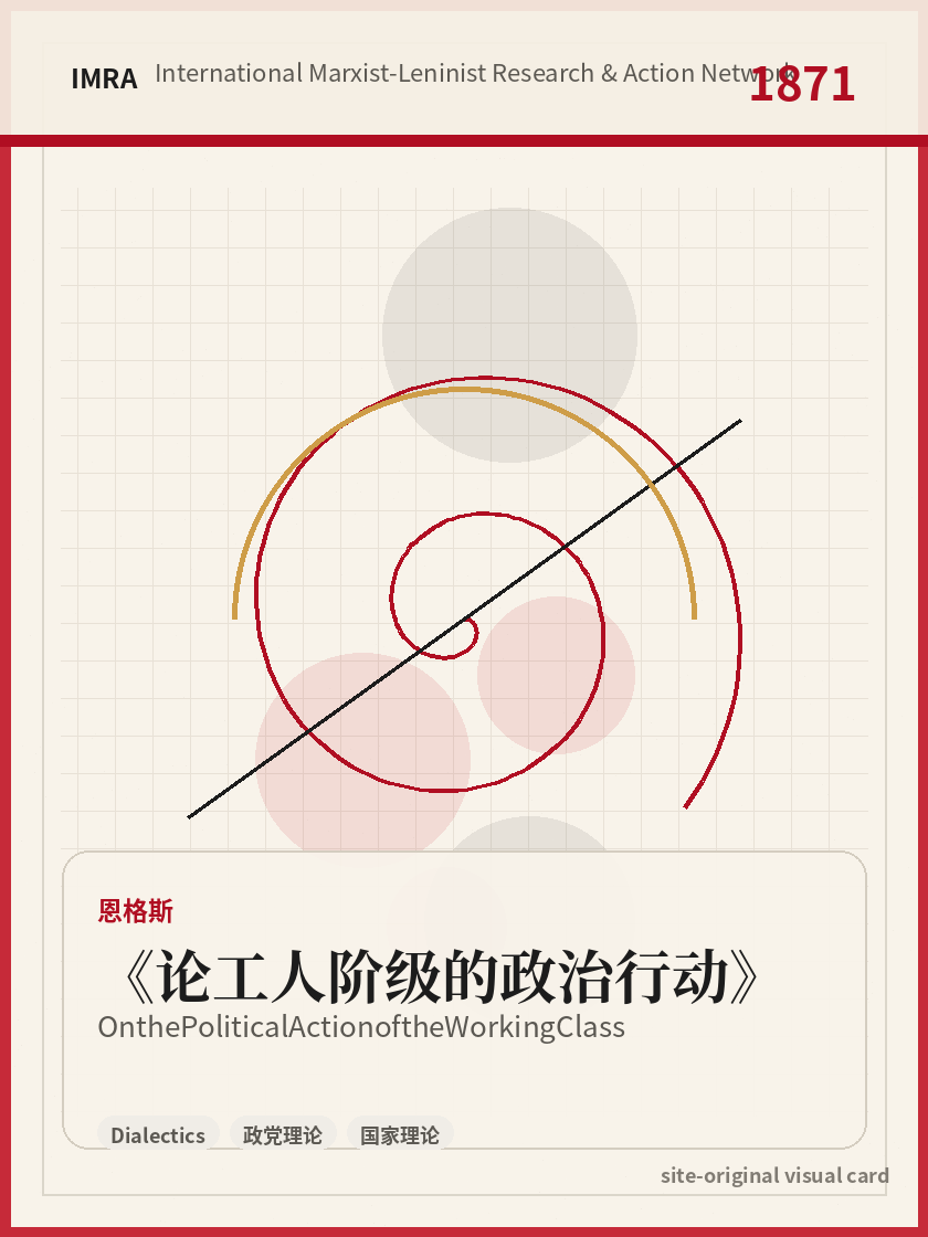论工人阶级的政治行动 站内资料视觉卡，包含作者、年份和主题意象。 / On the Political Action of the Working Class site-generated reference visual card with author, year, and thematic imagery.