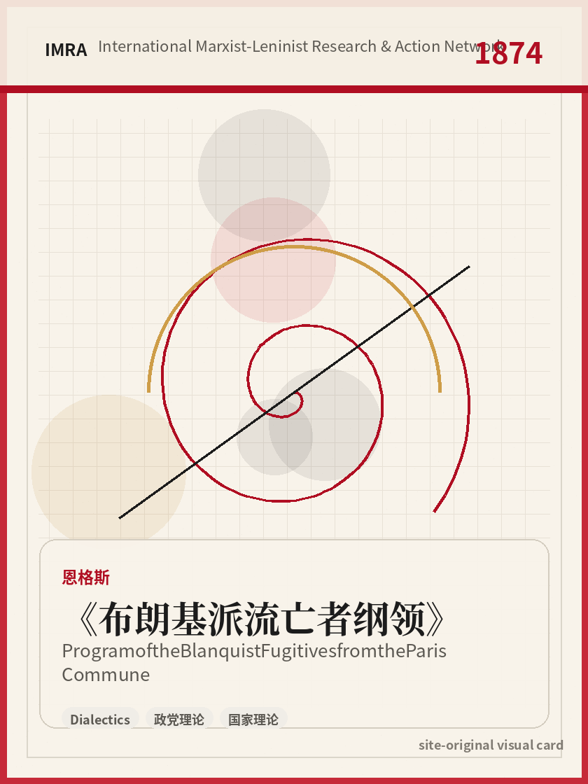布朗基派流亡者纲领 站内资料视觉卡，包含作者、年份和主题意象。 / Program of the Blanquist Fugitives from the Paris Commune site-generated reference visual card with author, year, and thematic imagery.