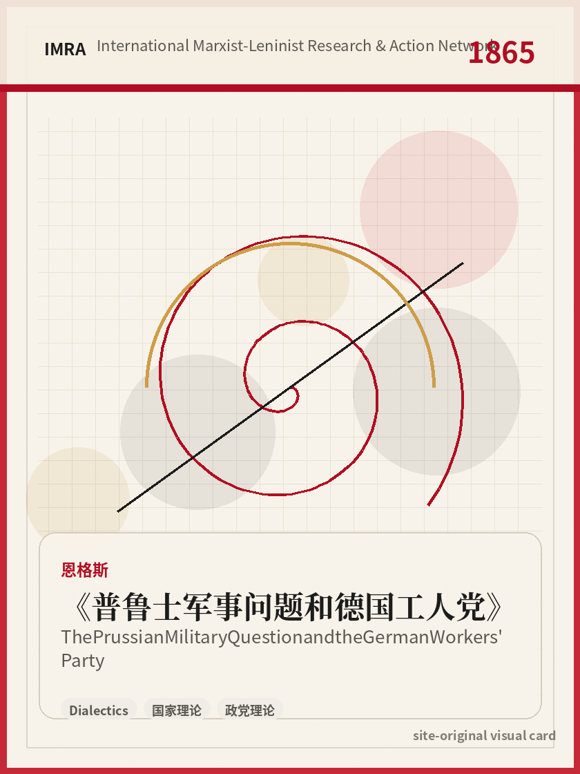 普鲁士军事问题和德国工人党 站内资料视觉卡，包含作者、年份和主题意象。 / The Prussian Military Question and the German Workers' Party site-generated reference visual card with author, year, and thematic imagery.
