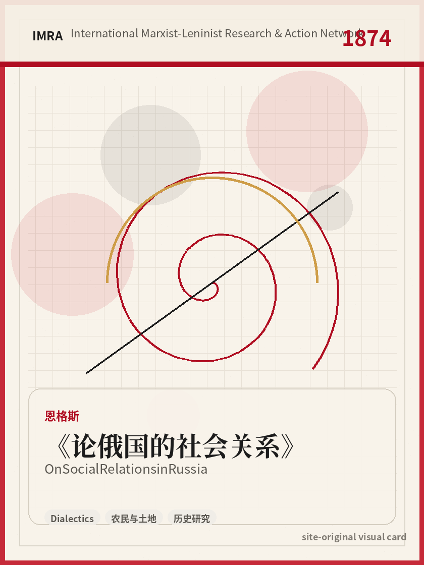 论俄国的社会关系 站内资料视觉卡，包含作者、年份和主题意象。 / On Social Relations in Russia site-generated reference visual card with author, year, and thematic imagery.