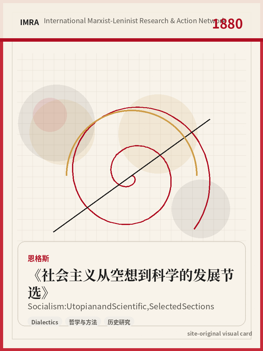 社会主义从空想到科学的发展节选 站内资料视觉卡，包含作者、年份和主题意象。 / Socialism: Utopian and Scientific, Selected Sections site-generated reference visual card with author, year, and thematic imagery.