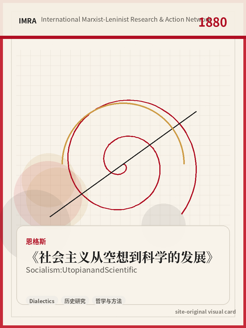 社会主义从空想到科学的发展 站内资料视觉卡，包含作者、年份和主题意象。 / Socialism: Utopian and Scientific site-generated reference visual card with author, year, and thematic imagery.