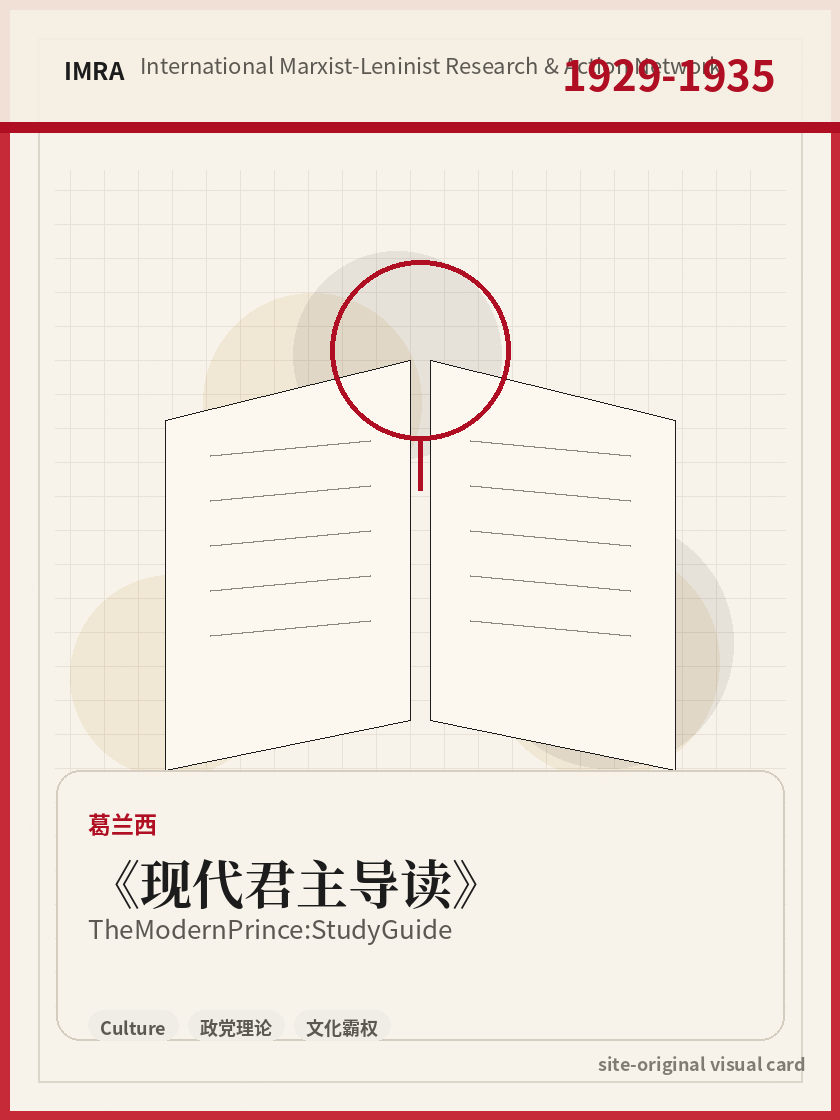 现代君主导读 站内资料视觉卡，包含作者、年份和主题意象。 / The Modern Prince: Study Guide site-generated reference visual card with author, year, and thematic imagery.