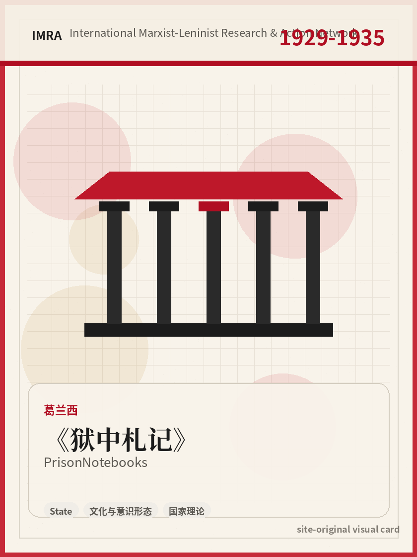 狱中札记 站内资料视觉卡，包含作者、年份和主题意象。 / Prison Notebooks site-generated reference visual card with author, year, and thematic imagery.