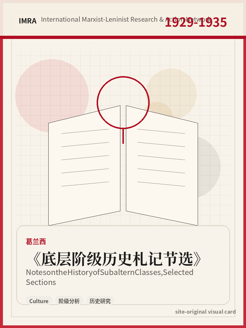 底层阶级历史札记节选 站内资料视觉卡，包含作者、年份和主题意象。 / Notes on the History of Subaltern Classes, Selected Sections site-generated reference visual card with author, year, and thematic imagery.