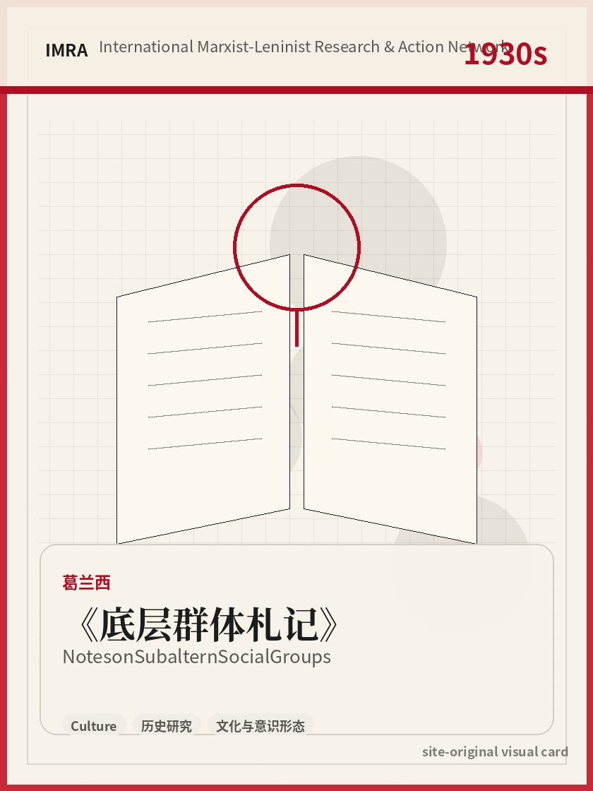 底层群体札记 站内资料视觉卡，包含作者、年份和主题意象。 / Notes on Subaltern Social Groups site-generated reference visual card with author, year, and thematic imagery.