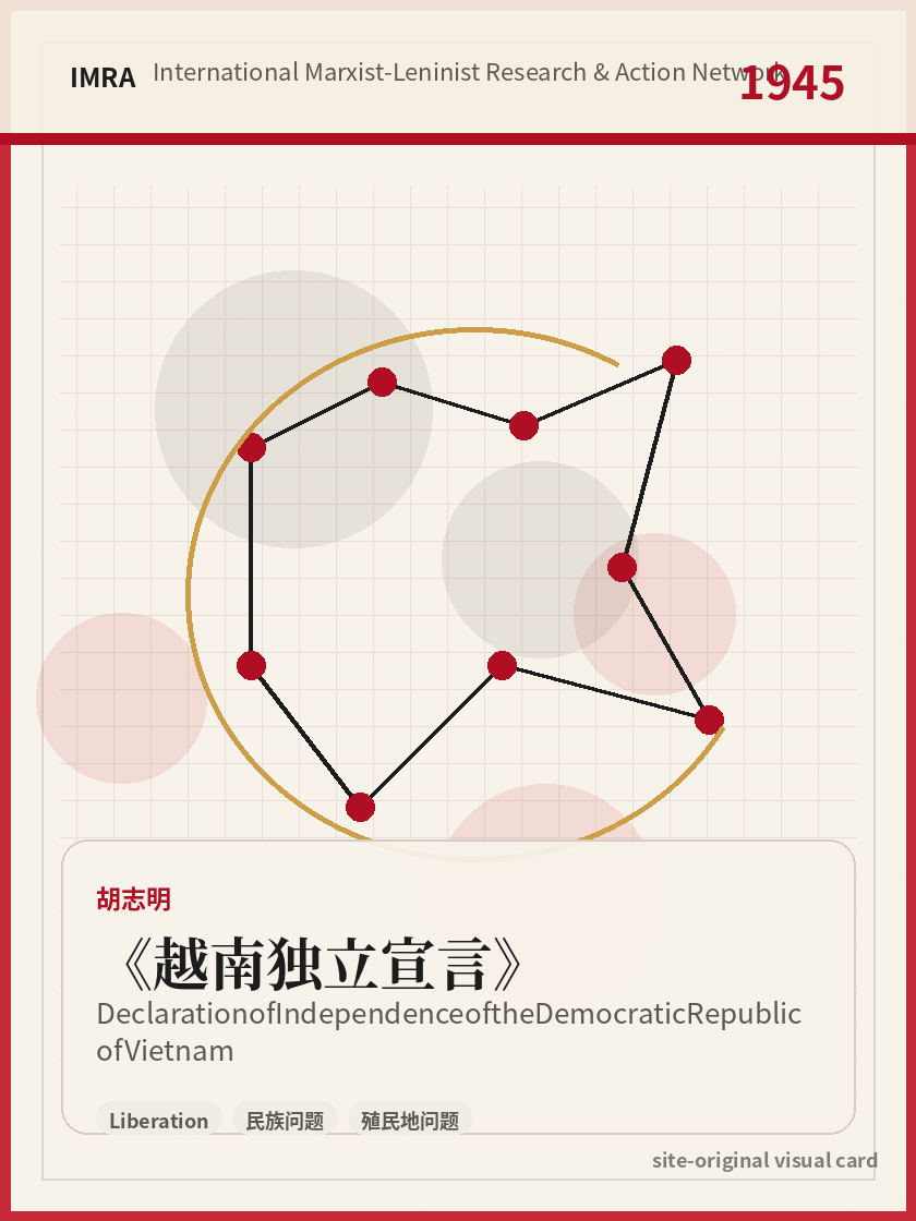 越南独立宣言 站内资料视觉卡，包含作者、年份和主题意象。 / Declaration of Independence of the Democratic Republic of Vietnam site-generated reference visual card with author, year, and thematic imagery.