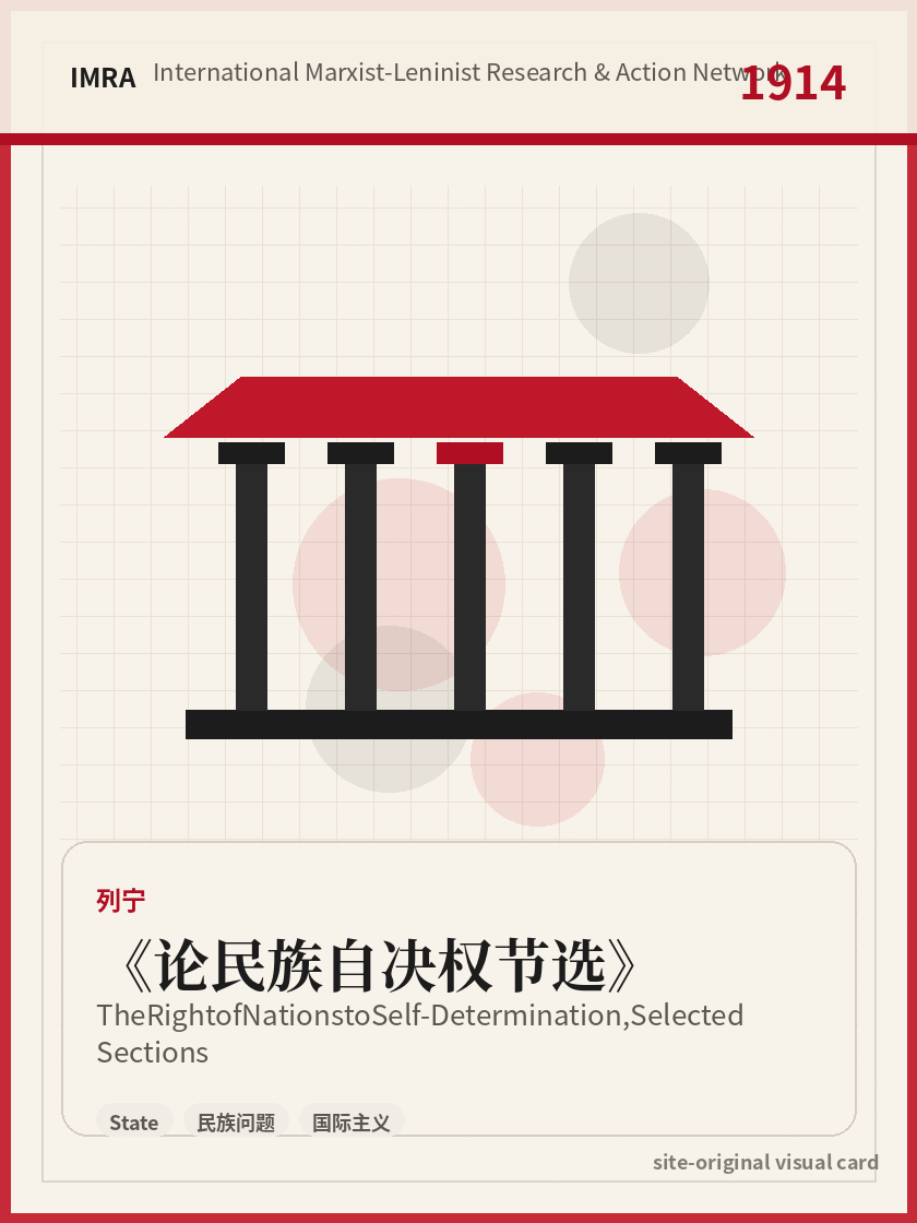 论民族自决权节选 站内资料视觉卡，包含作者、年份和主题意象。 / The Right of Nations to Self-Determination, Selected Sections site-generated reference visual card with author, year, and thematic imagery.