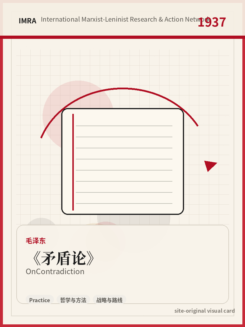 矛盾论 站内资料视觉卡，包含作者、年份和主题意象。 / On Contradiction site-generated reference visual card with author, year, and thematic imagery.