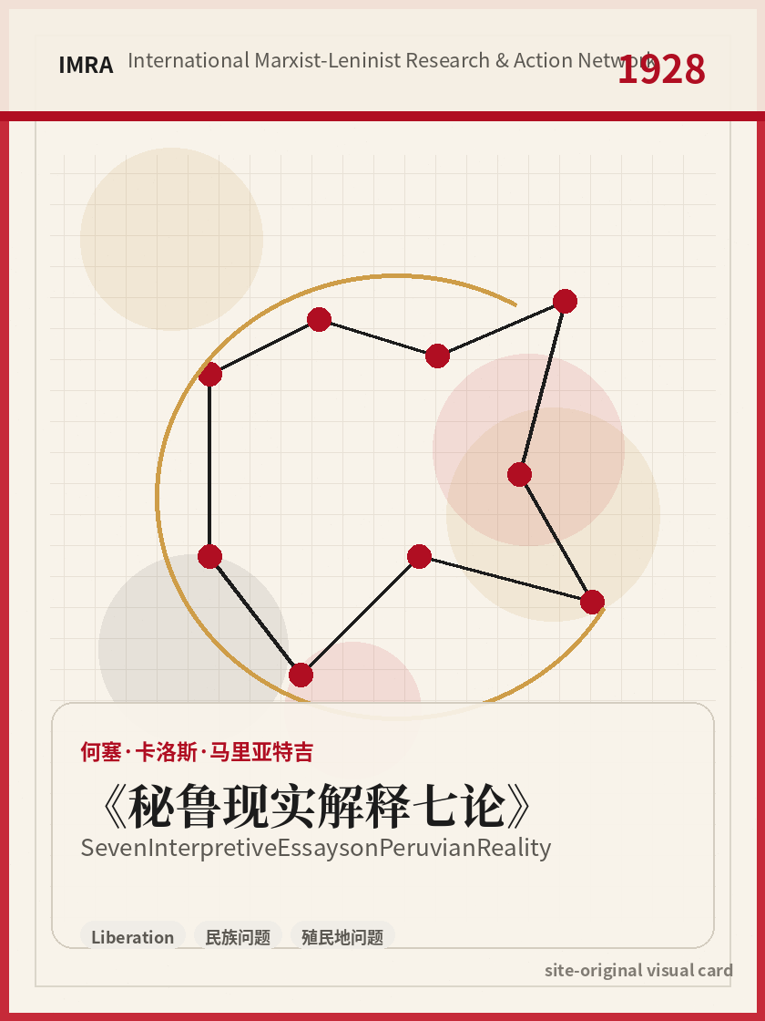 秘鲁现实解释七论 站内资料视觉卡，包含作者、年份和主题意象。 / Seven Interpretive Essays on Peruvian Reality site-generated reference visual card with author, year, and thematic imagery.