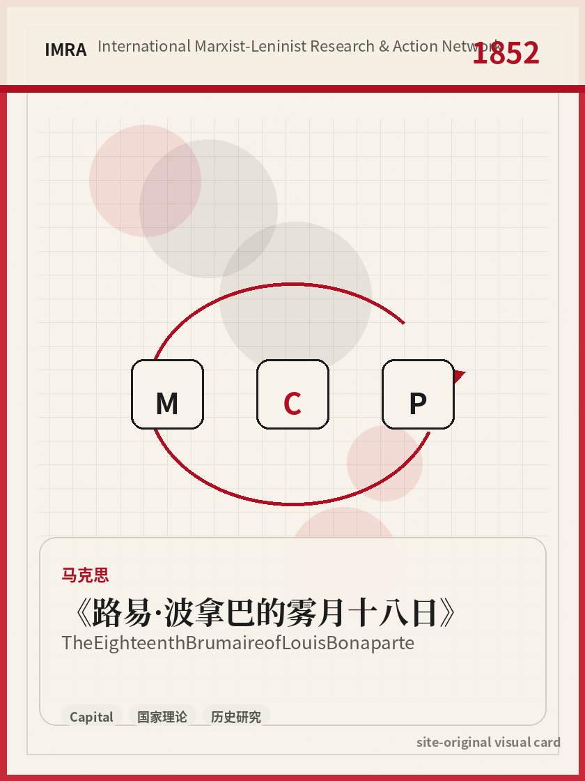 路易·波拿巴的雾月十八日 站内资料视觉卡，包含作者、年份和主题意象。 / The Eighteenth Brumaire of Louis Bonaparte site-generated reference visual card with author, year, and thematic imagery.