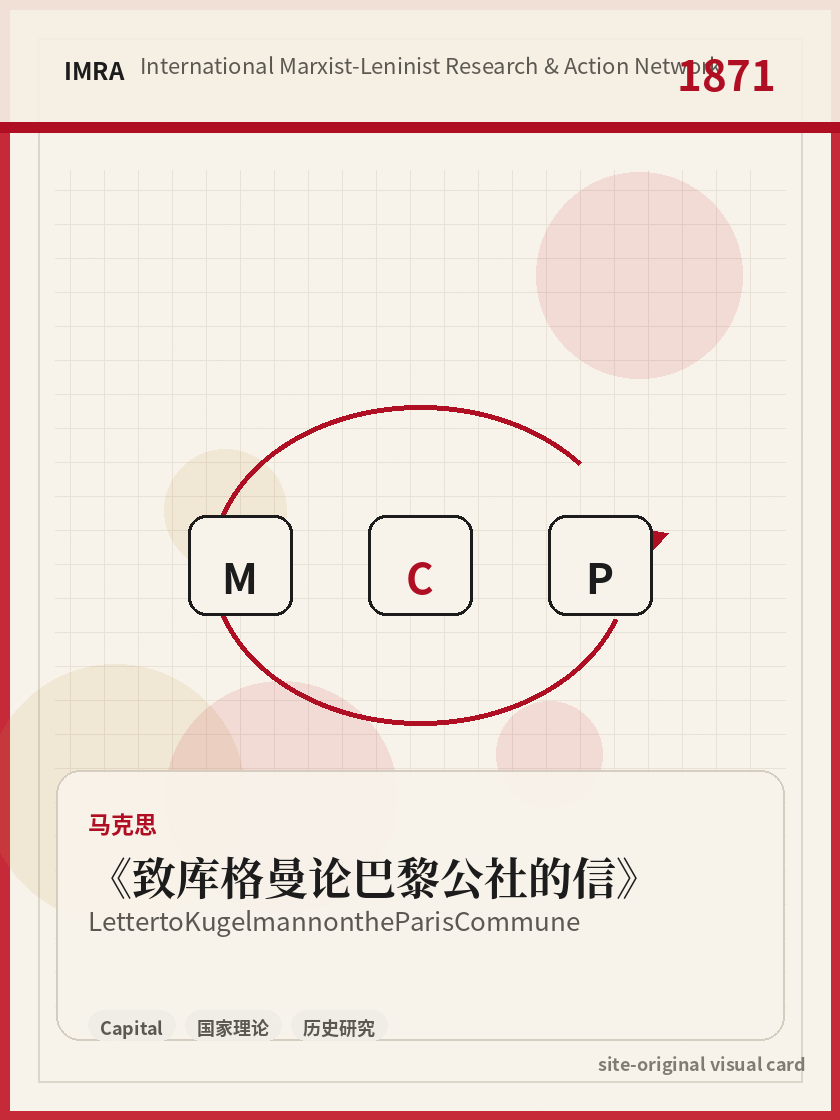 致库格曼论巴黎公社的信 站内资料视觉卡，包含作者、年份和主题意象。 / Letter to Kugelmann on the Paris Commune site-generated reference visual card with author, year, and thematic imagery.