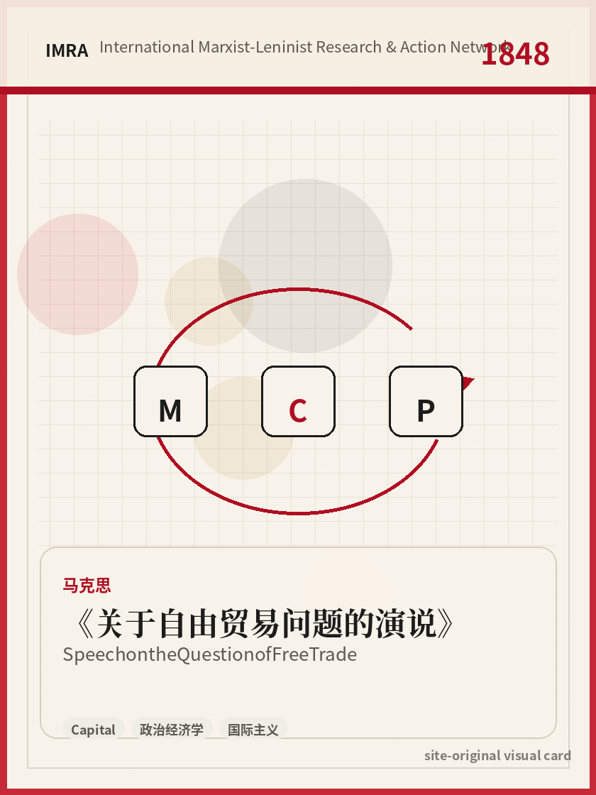 关于自由贸易问题的演说 站内资料视觉卡，包含作者、年份和主题意象。 / Speech on the Question of Free Trade site-generated reference visual card with author, year, and thematic imagery.