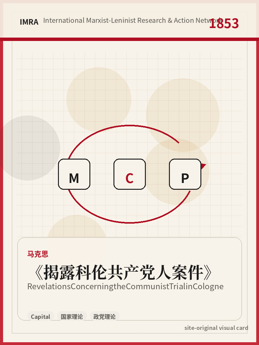 揭露科伦共产党人案件 站内资料视觉卡，包含作者、年份和主题意象。 / Revelations Concerning the Communist Trial in Cologne site-generated reference visual card with author, year, and thematic imagery.
