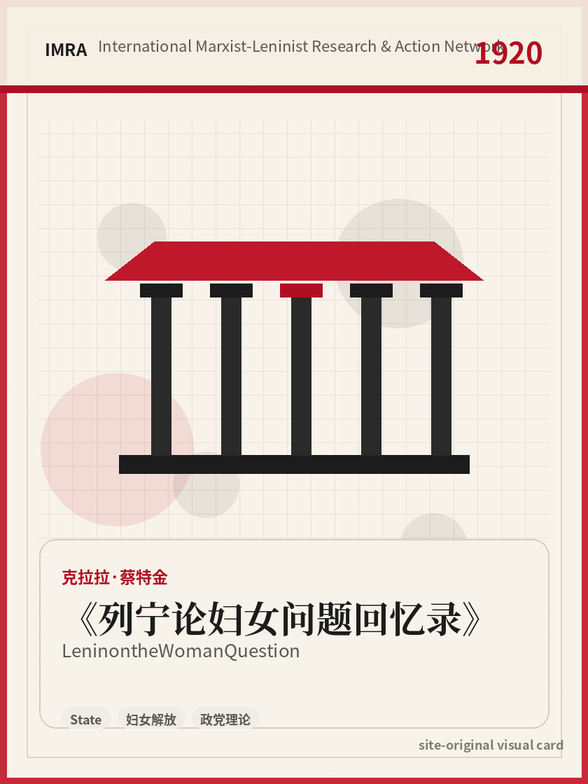 列宁论妇女问题回忆录 站内资料视觉卡，包含作者、年份和主题意象。 / Lenin on the Woman Question site-generated reference visual card with author, year, and thematic imagery.